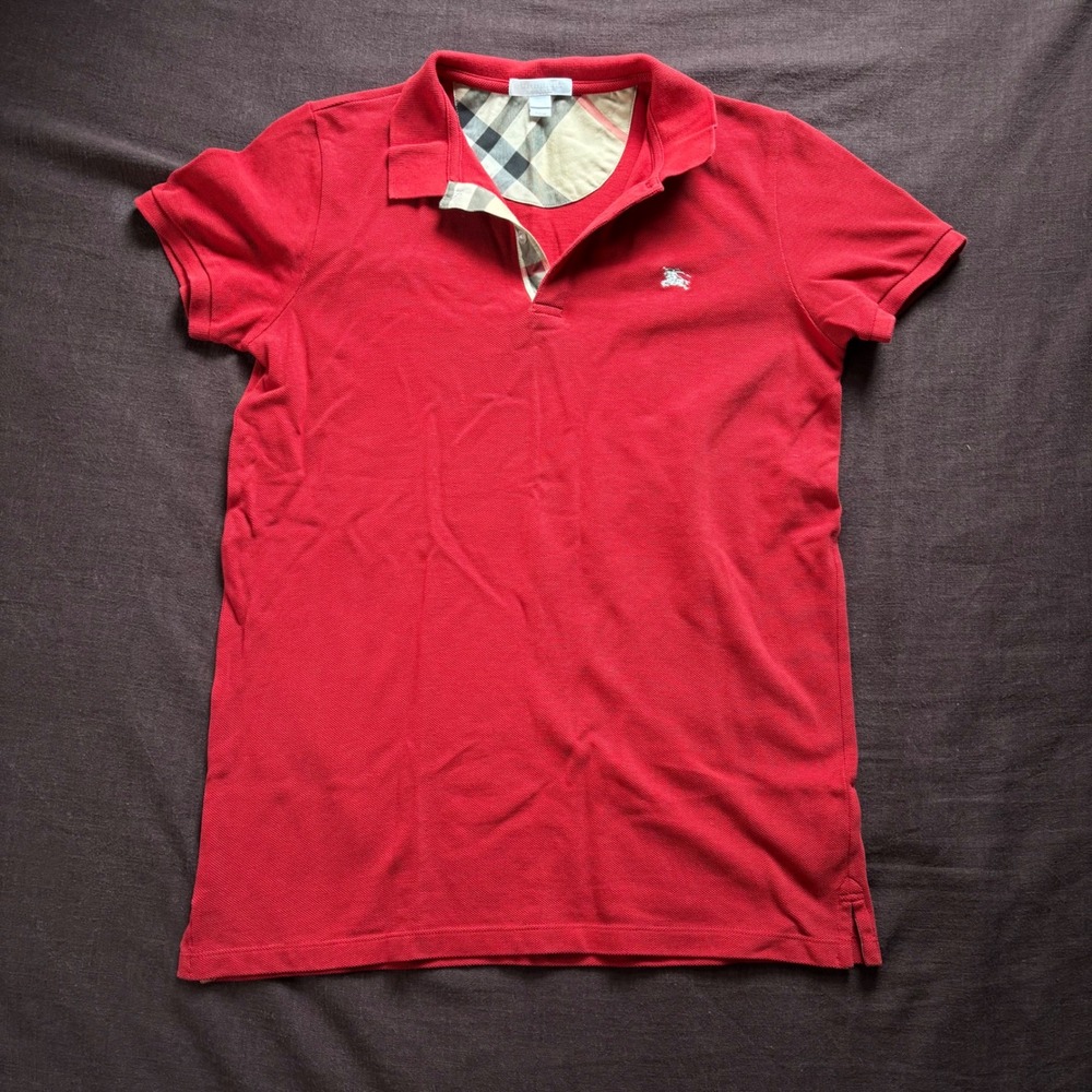 Burberry Children Red Cotton Polo Shirt Nova Check Trim Size 14Y 164cm